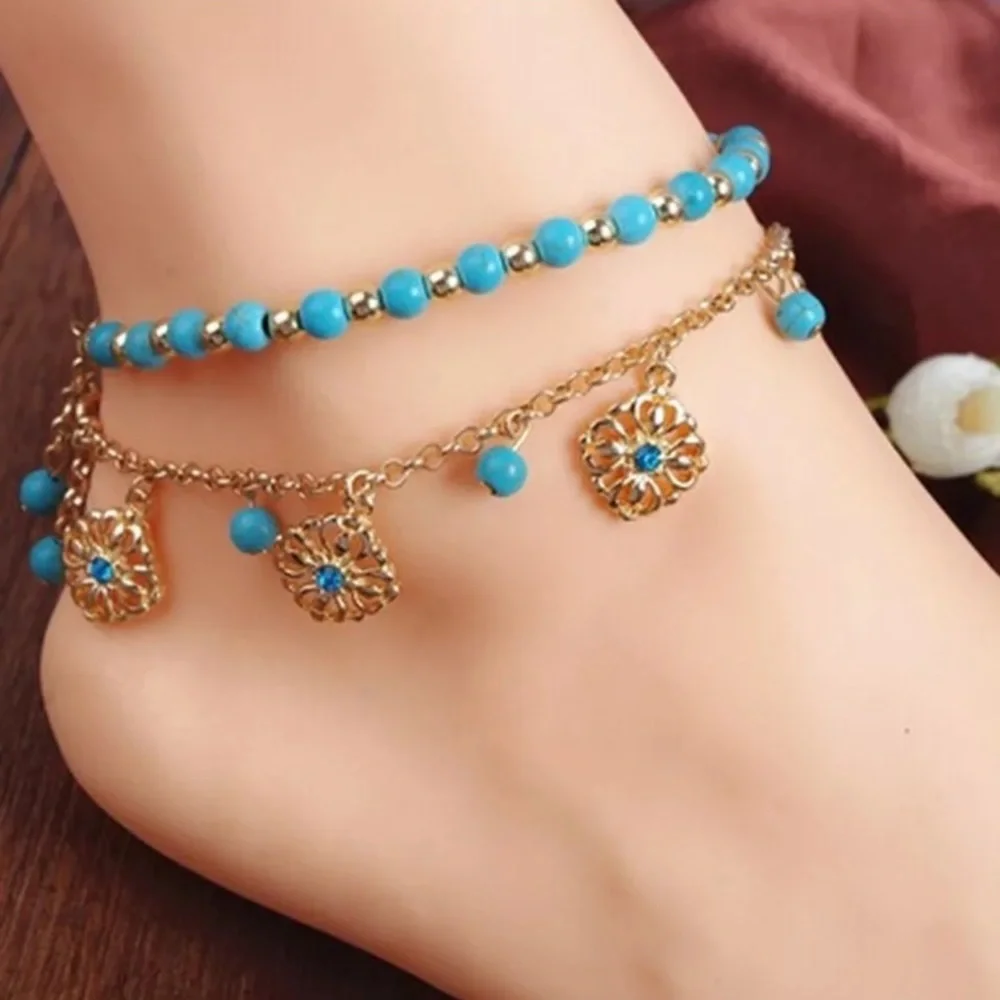 Boho Bohemian Gold Toned Turquoise Beaded Anklet - Picture 6 of 13